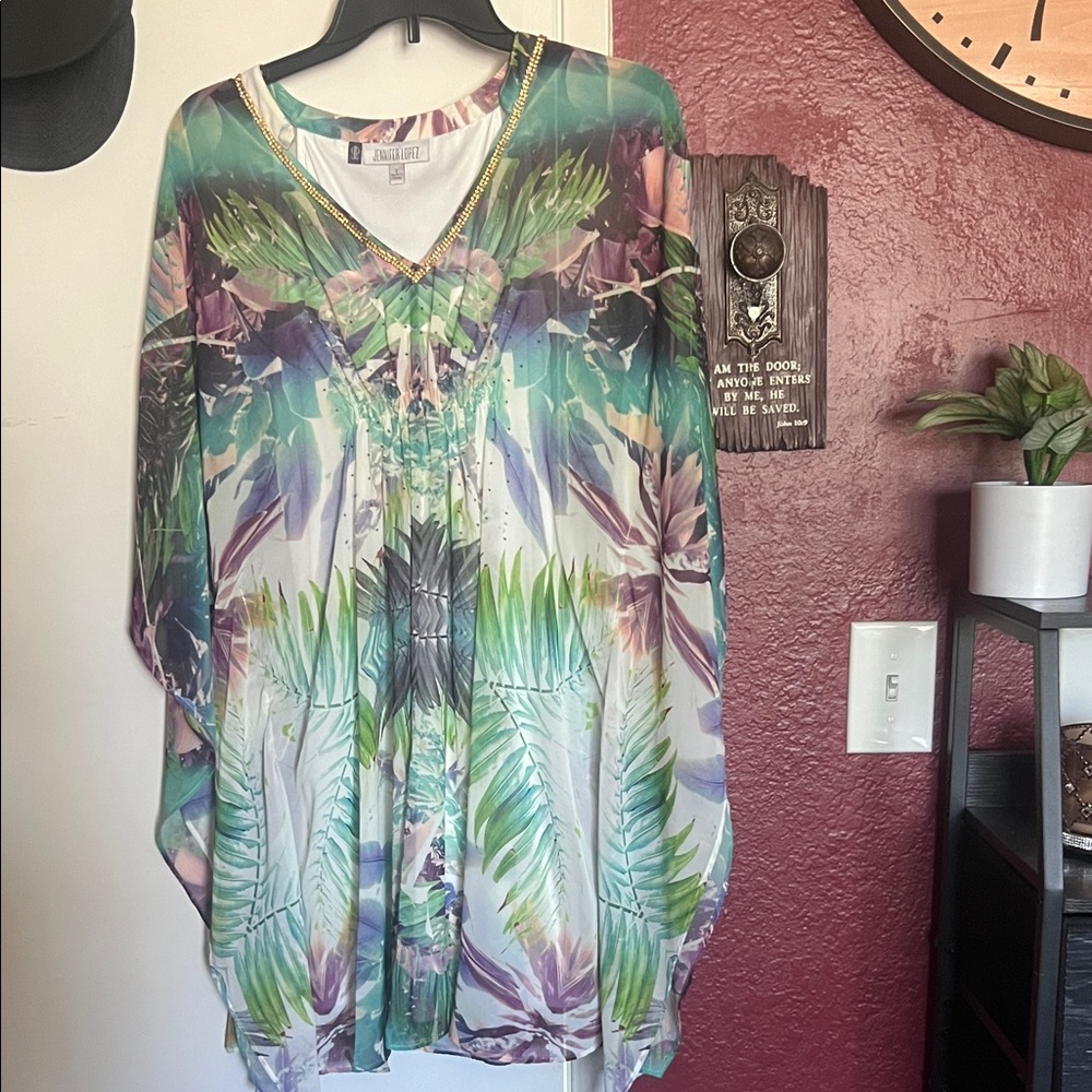 Jennifer Lopez Tropical V-Neck Tunic Dress